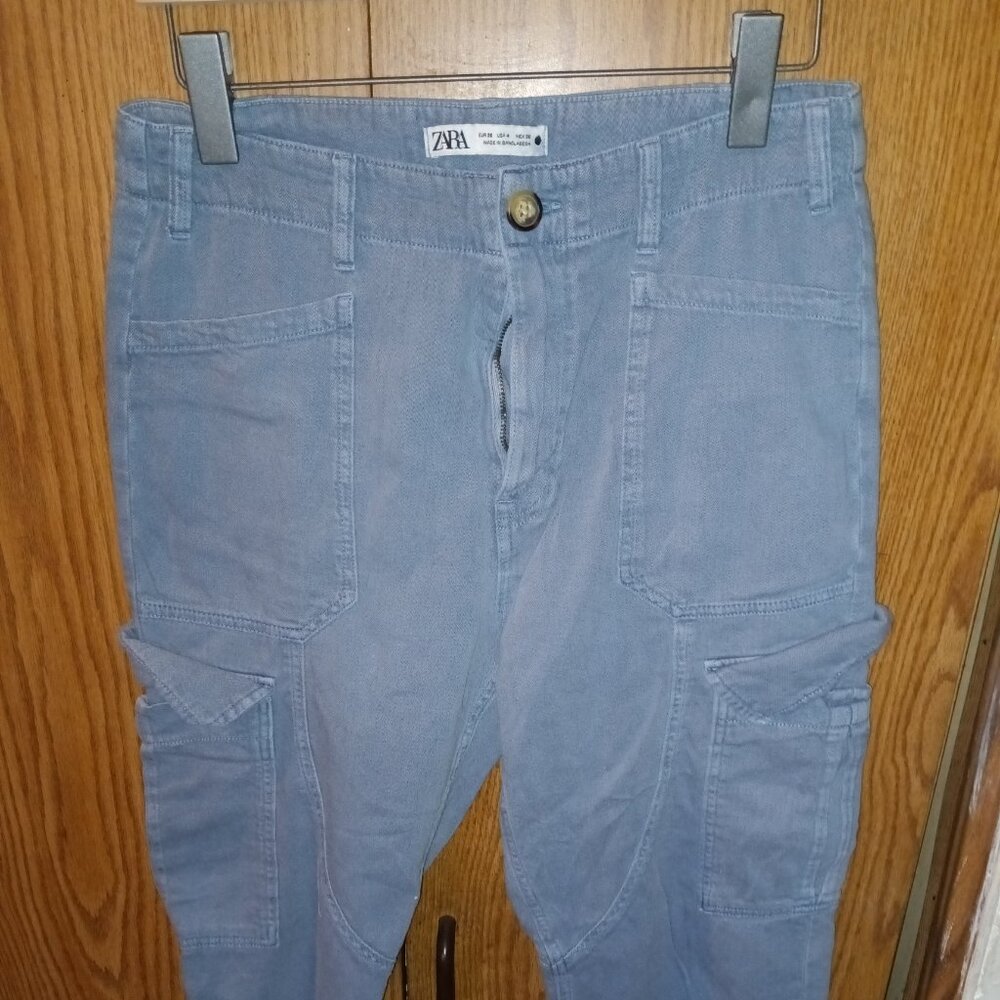 Zara blue twill straight leg cargo pants size 28